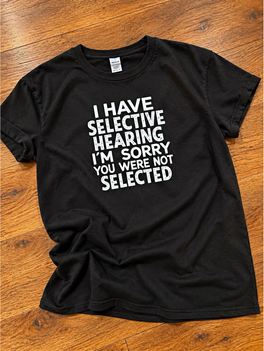 Black “Selective Hearing” Funny Graphic Crew Neck SS T-Shirt Medium